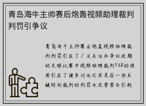 青岛海牛主帅赛后炮轰视频助理裁判判罚引争议